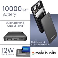 Ambrane 10000mAh 12W Compact Power Bank – Pocket-Sized, Portable & Reliable (Black)